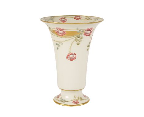 WILLIAM MOORCROFT FOR JAMES MACINTYRE & CO: A "ROSE GARLAND" VASE, trumpet form, decorated with roses and leaves on a white g