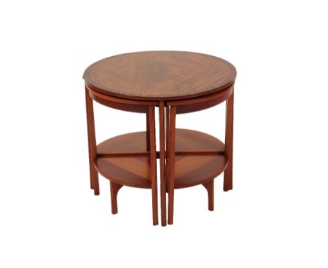 ART DECO FLAME MAHOGANY AND MACASSAR BANDED QUARTETTO NEST OF TABLES, circular top with a inlaid border, four tables below, 6