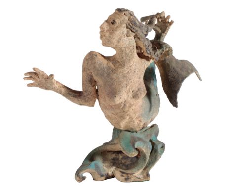 •LESLIE CHARLOTTE BENENSON R.E. (1941 - 2018): A PATINATED CLAY SCULPTURE, modelled as a study of a stylised mermaid with lon