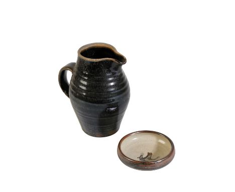 BERNARD LEACH (1887-1979): A ST IVES STUDIO POTTERY BOWL, circular form, tenmoko glaze and painted with a frog to centre, sig