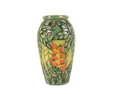 MOORCROFT: A "RAIN FOREST" LIMITED EDITION VASE, c. 1993, oviform, tubeline decorated and painted in colours with flowers and