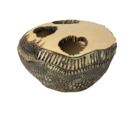 JOHN BENFIELD AND GUY SYDENHAM (1916 - 2005): A STONEWARE SCULPTURE, circular form, modelled as Chesil beach to the exterior 
