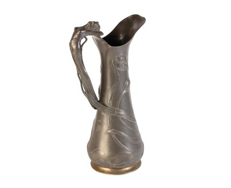 WMF: AN ART NOUVEAU PEWTER WATER JUG, tapering form, the handle modelled in the form of a reclining semi-clad female, the bod