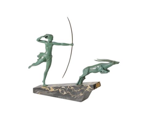 L. DE MARCO: AN ART DECO PAINTED SPELTER SCULPTURE, c.1930, the painted surface modelled as a scantily dressed female with a 