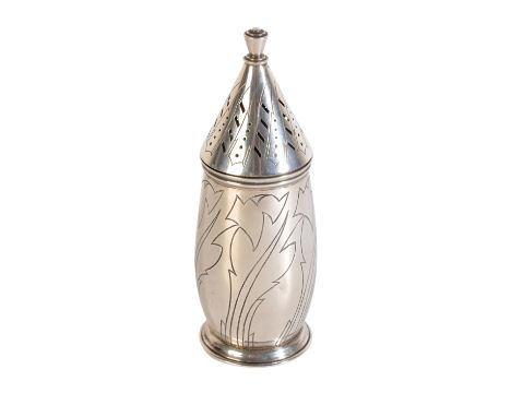 •ART DECO SILVER SUGAR SHAKER, James Ramsey, London, 1936, cylindrical form, cone shaped pull-off pierced cover with knopped 