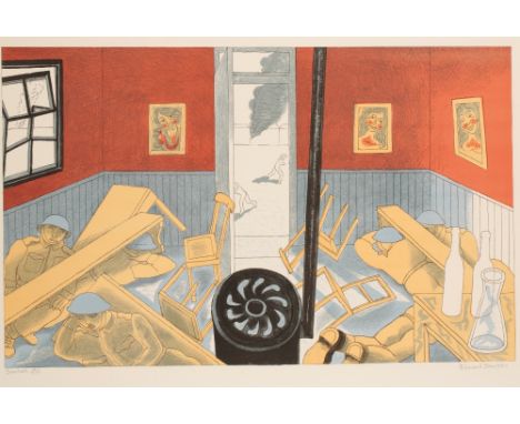 •EDWARD BAWDEN (1903-1989) 'Dunkirk' signed, titled and numbered 64/75 in pencil to the margin, limited edition coloured lith