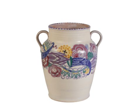 POOLE POTTERY: A TWIN HANDLED TRADITIONAL VASE, shape no. 437, decorated in the YQ pattern, probably designed by Truda Carter