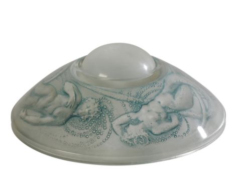 RENE LALIQUE: A "TROIS SIRENES" BLUE TINTED FROSTED GLASS INKWELL AND COVER, c.1921, no. 435, pyramid circular form, detachab