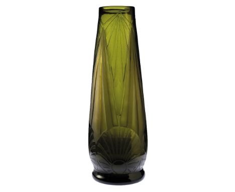 LEGRAS: AN ART DECO "NEPTUNE" GLASS VASE, tapered cylindrical form, acid-etched and cut with stylised decoration on an olive 