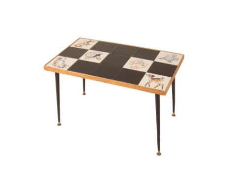 POOLE POTTERY: A POST WAR TILE TOP COFFEE TABLE inset with stylised tiles, 78cm long x 49cm high x 47.5cm dia.  Condition Rep