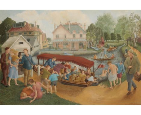 •GILLIAN RIPLEY (20th/21st century) A busy river scene, with figures conversing, children playing and swimming, people on boa