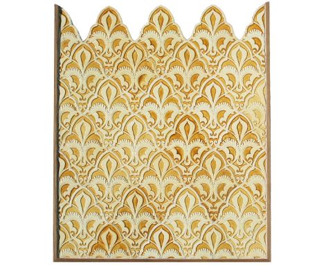 VICTORIAN CRAVEN DUNNILL & CO TILE PANEL, designed by G.Harold Elphick, shaped topped, glazed and decorated in relief with a 