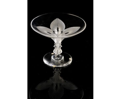 LALIQUE: A "VIRGINIA" FROSTED AND CLEAR GLASS COMPORT, no. 1105900, the circular lobbed bowl supported by four moulded froste