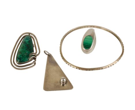 POST-WAR SILVER AND MALACHITE BROOCH, a malachite set ring, Danish pendant and a Norwegian silver bangle with stylised incise