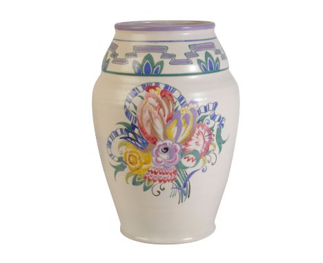 POOLE POTTERY: A TRADITIONAL VASE, shouldered globular form, decorated in the ER pattern, painted in polychrome, the centre w