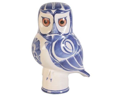 ALDERMASTON INTEREST: A LAURENCE MCGOWAN EARTHENWARE OWL, tin glazed and painted in polychrome, signed marks, 21cm high Prove