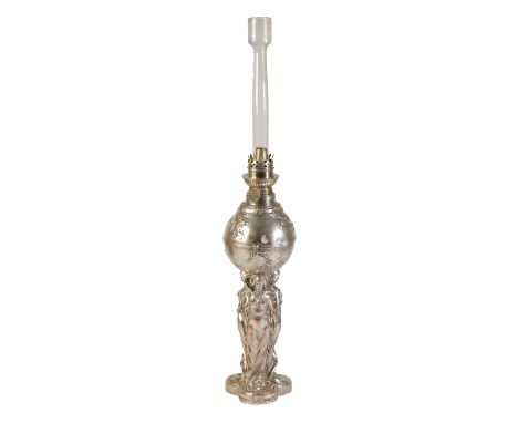 FRENCH ART NOUVEAU SILVER PLATED OIL LAMP BASE, the bulbous shaped bowl cast with tendrils and garlands below a freize of sem