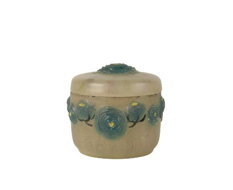 GABRIEL ARGY - ROUSSEAU: A PATE-DE-VERRE "ROSES / RANUNCULUS" GLASS BOX, circular form, pull-off cover, decorated with a frie