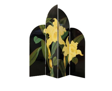 IMPRESSIVE ART DECO FRENCH LACQUERED "JAPONESQUE" FOUR-FOLD SCREEN, of cloud design, finely painted with blossoming yellow li