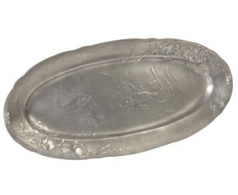 KAYSERZINN: AN ART NOUVEAU PEWTER TRAY, oblong form, decorated in relief with stylised flowers, carp and crustaceans, no. 414