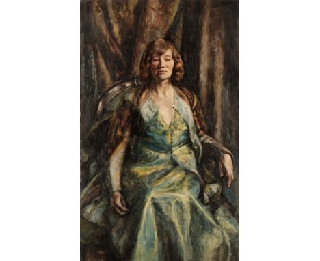 •PETER MORRIS (20th century) A three quarter length portrait of a lady seated in an armchair before a curtain, c. 1935, oil o
