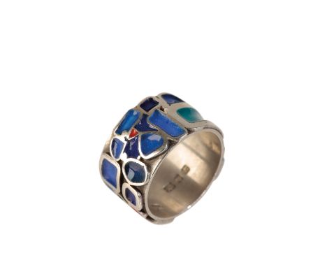 •PIERRE MARCHAND: A MODERNIST SILVER AND ENAMEL RING, London, 1972, decorated with stylised "blocks" in polychrome, size M  C