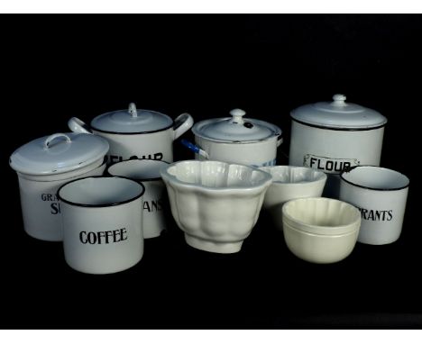 A collection of vintage enamelwares, including twin handle pot with 'flour' and another with beans, together with three ceram