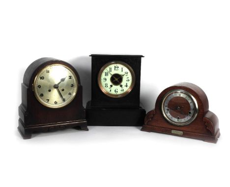 Three mantel clocks, one black slate and two wooden, tallest 33cm