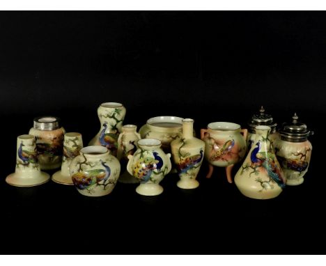 Locke and Co Worcester, thirteen pieces, including a condiment set, painted with the peacock, in a tree design, highest 8.5cm