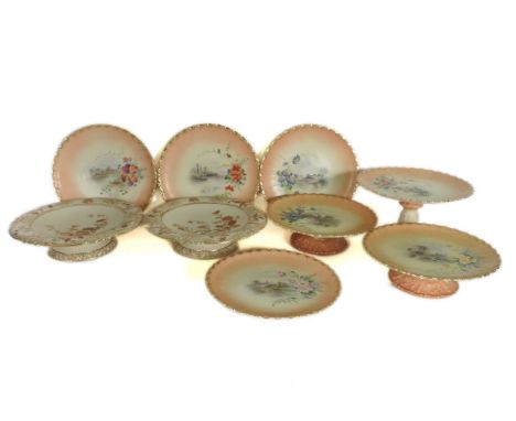 Locke and Co Worcester a seven piece dessert set, painted with different flowers and a pair of Royal Worcester comports