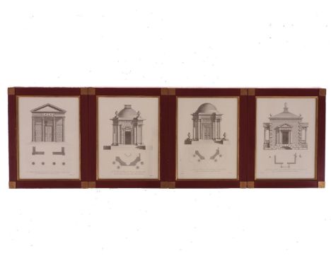 A set of four architectural prints, in red painted frames, each 43 x 32cm