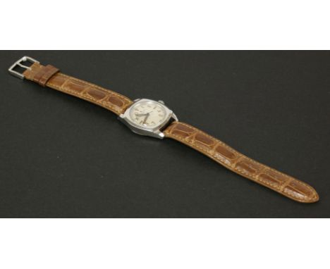 A gentleman's stainless steel Rolex Oyster 'Army' issue mechanical strap watch, c.1943. Circular silvered dial with half Roma
