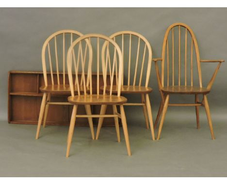 Three Ercol chairs, together with Ercol carver chair and Ercol plate rack