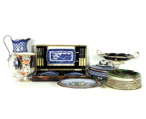 A cased willow pattern sandwich set, a Royal Worcester plate, a Wedgwood shell shaped Majolica dish, six Victorian plates, a 