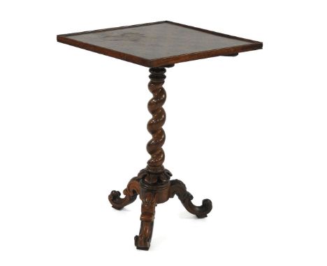 A Victorian rosewood games table, the square top with a printed chequerboard over a turned column, on a tripod stand, the sta