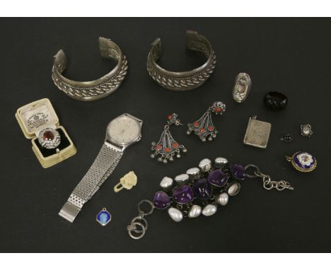 A collection of costume jewellery, to include a Danish silver abalone ring by Fausing, a gentleman's stainless steel Tissot S