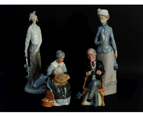 Two Royal Doulton figures, The Doctor HN2858 adn Embroidering HN2855, together with two Lladro figures, Don Quixote and a you