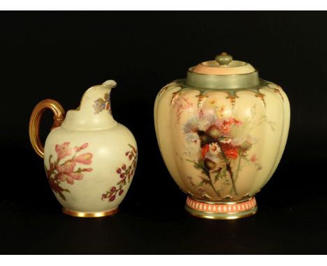 A Royal Worcester blush ivory lidded vase, decorated with thistles and wildflowers, 16.5cm high together with a blush ivory j