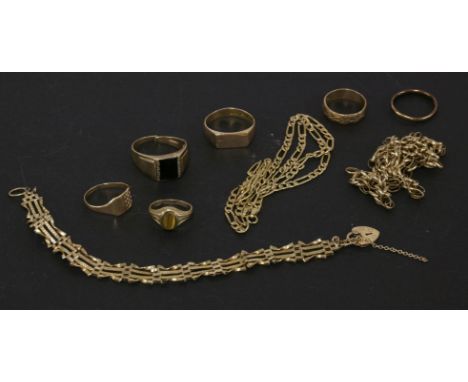 A 9ct gold four bar gate bracelet with padlock, a gold belcher chain, a gold Figaro chain, three 9ct gold signet rings, two 9