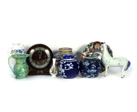 A Poole pottery vase, a collection of decorative china to include a Chinese ginger jar and a chinoiserie mantel clock