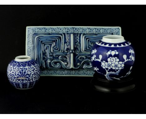 Two blue and white ginger jars, and a blue and white tile, tile 27cm long