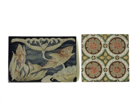A modern Moorcroft fish tile, signed 'R Bishop', 22.5 x 15cm and a Victorian tile (2)
