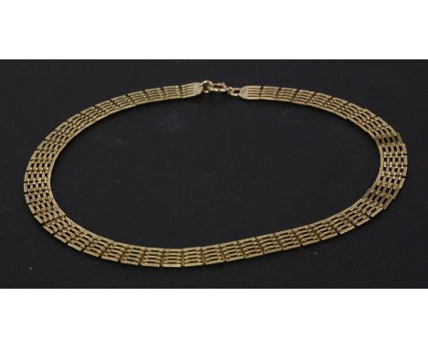 A 9ct gold five bar gate link necklace, with diamond cut decoration, 28.11g