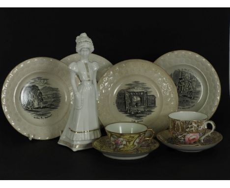 Four Prattware plates printed with different scenes, The Field of Wheat; The Barn; The Poor Boy and the Loaf; Going to Market