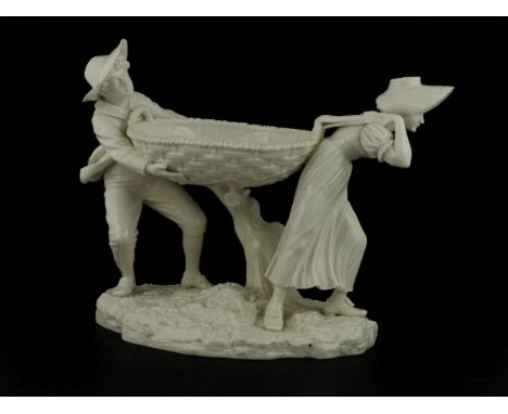 A Royal Worcester Blanc de Chine centrepiece, modelled as a girl and a boy carrying a basket, impressed label, chipped, 27cm 