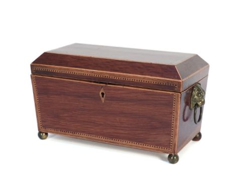 A 19th century Partridge (?) wood tea caddy, with brass lions mask handles and ball feet, 33cm long