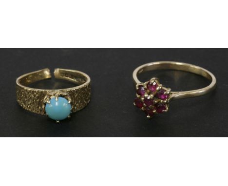 A 9ct gold single stone turquoise cabochon ring, damaged, and a 9ct gold ruby cluster ring