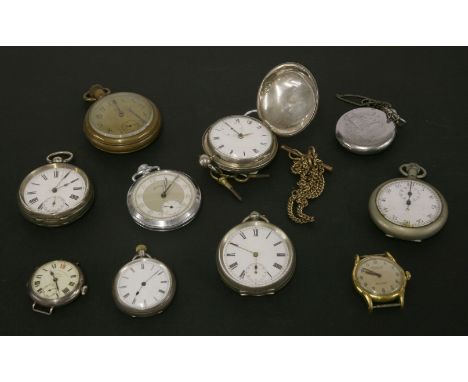 A collection of silver and chrome pocket watches, to include a silver hunter pocket watch, with engine turned decoration, a s