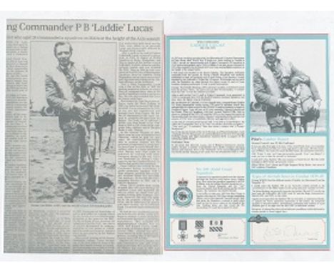 Group Captain P.B. Laddie Lucas CBE DSO DFC RAF. Signature on Fighter pilot profile of WW2 ace. Commanded 249 Sqn during the 