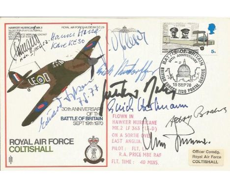 Luftwaffe aces multisigned RAF Coltishall Hurricane cover. Signed by Erich Hartmann, all-time top fighter ace, Gunter Rall, A